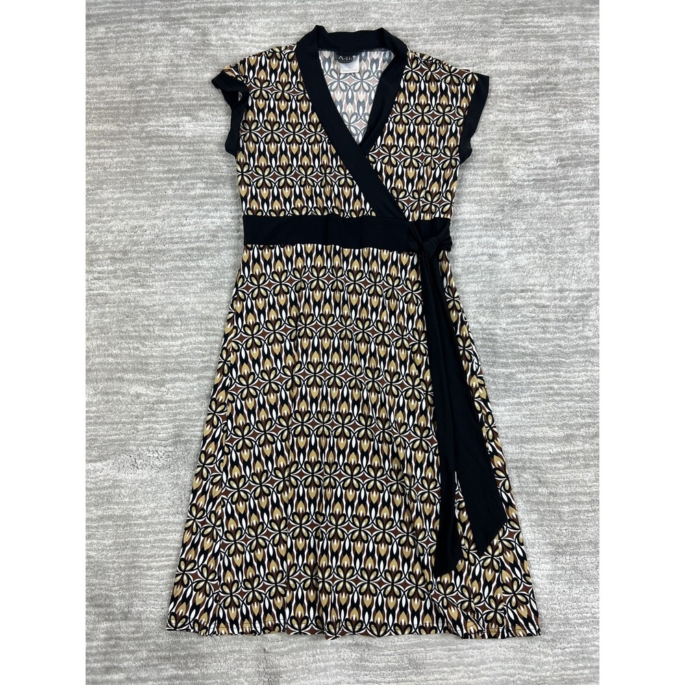 A-List by Wrapper Dress Womens L Black Tan Geometric Floral Faux Wrap Cap Sleeve